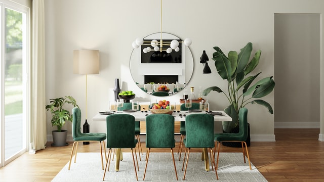 Intérieur salon moderne table a manger chaise tissu velours vert