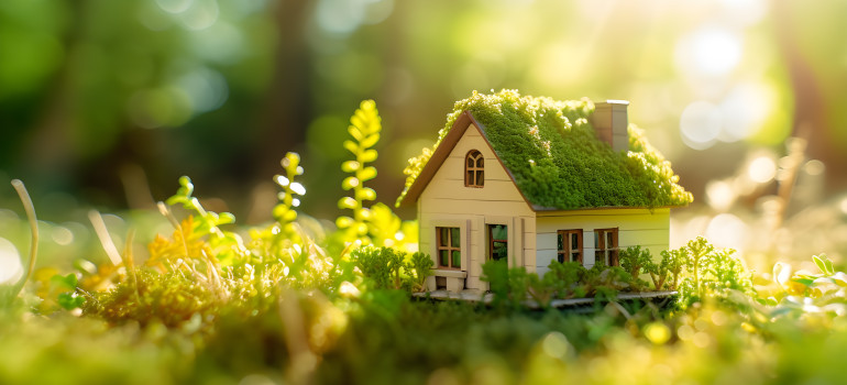 Maison écologique miniature sur herbe illustrant le type de bâtiment concerné par la RE2020