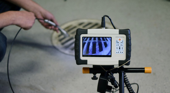 Professionnel utilisant une caméra d'inspection de canalisation pour identifier les bouchons